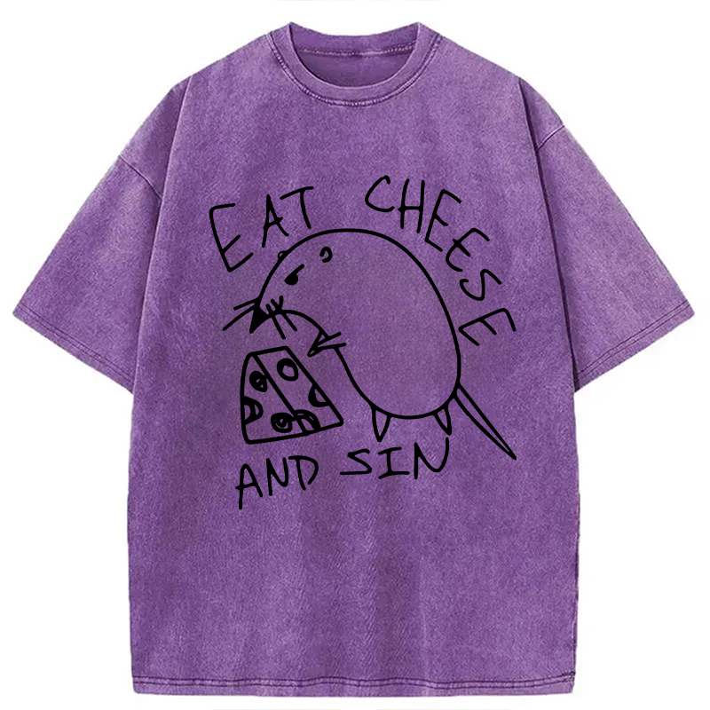 Modecanvas Eat Cheese And Sin Meme Washed T-Shirt-modecanvas