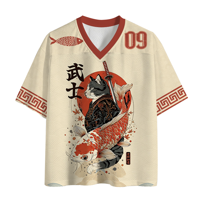 Modecanvas Samurai Cat And Koi Mesh Jersey-modecanvas