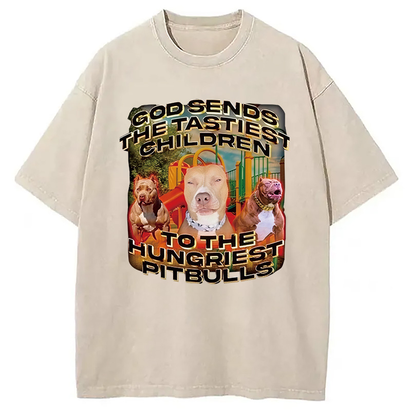 Modecanvas God Sends The Tastiest Children To The Hungriest Pitbulls DTG Printing Washed T-Shirt