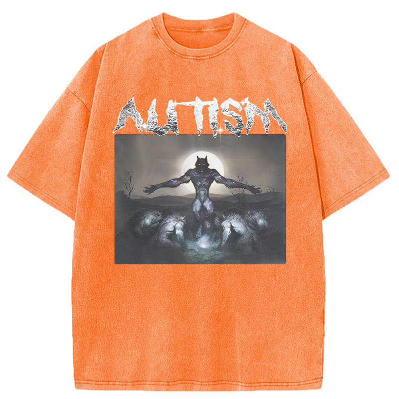 Modecanvas Funny Autism Wolf DTG Printing Washed T-Shirt
