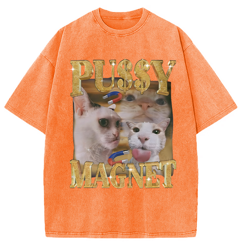 Modecanvas Ironic PUSSY MAGNET Cat Meme DTG Printing Washed T-Shirt