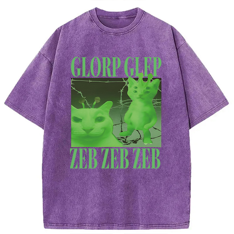 Modecanvas Green Alien Cat Meme DTG Printing Washed T-Shirt