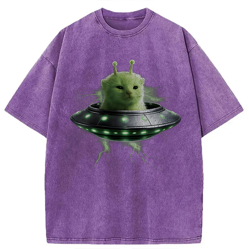 Modecanvas UFO Alien Cat DTG Printing Washed T-Shirt