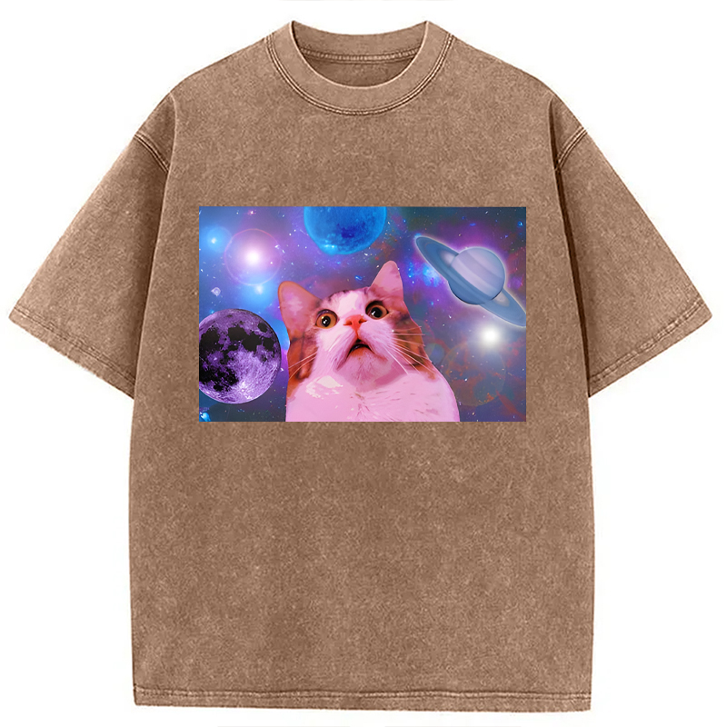 Modecanvas Funny Cat In Space DTG Printing Washed T-Shirt
