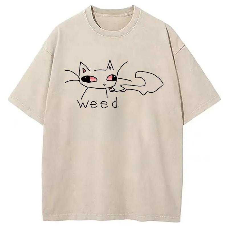 Modecanvas Smoking Weed Cat Meme DTG Printing Washed T-Shirt