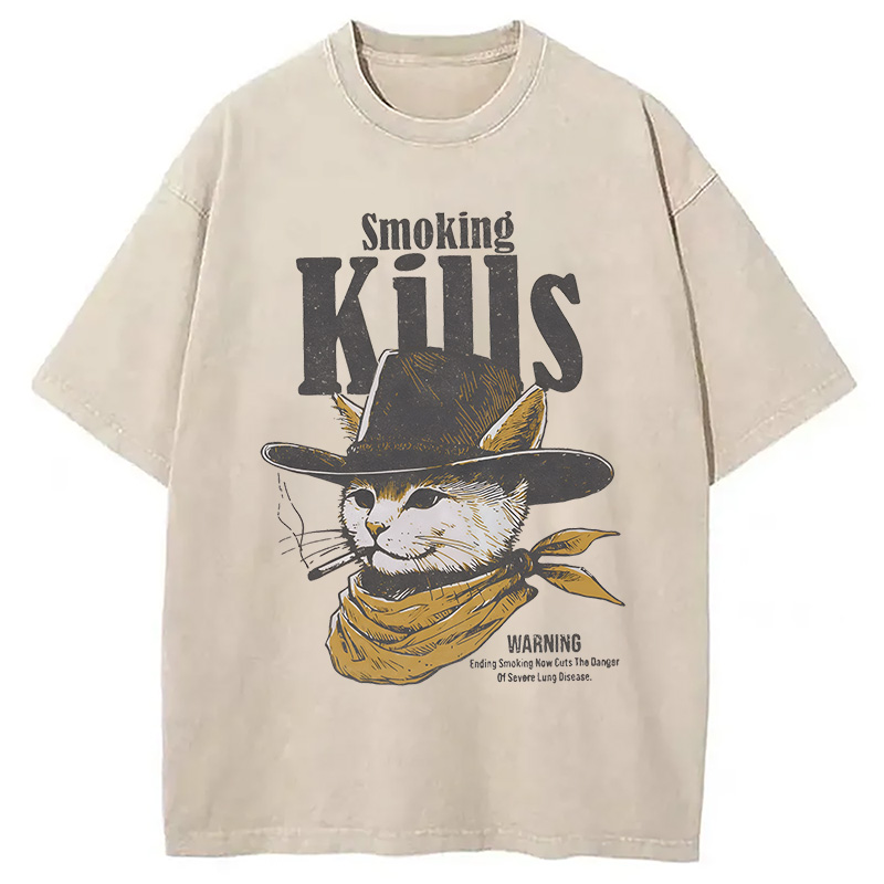 Modecanvas Funny Anti Smoking Cat DTG Printing Washed T-Shirt