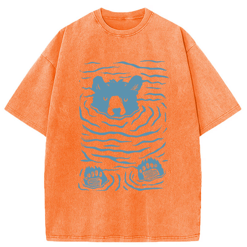 Modecanvas Minimalist Linocut Bear DTG Printing Washed T-Shirt