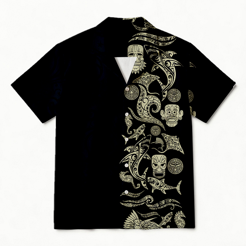 Modecanvas Shark Tiki Floral Boho Hawaiian Shirt
