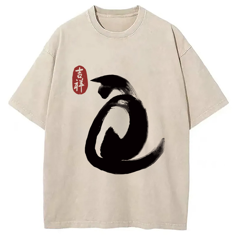 Modecanvas Vintage Ink Cat Washed T-Shirt