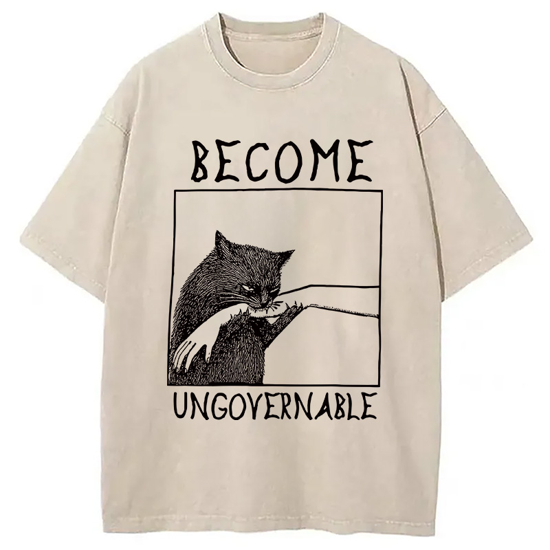 Modecanvas Cat Biting Arm Washed T-Shirt-modecanvas