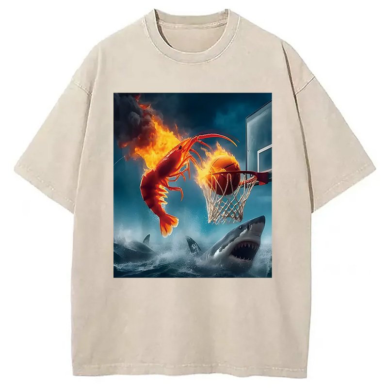 Modecanvas Shrimp Dunking on Shark Funny DTG Printing Washed T-Shirt
