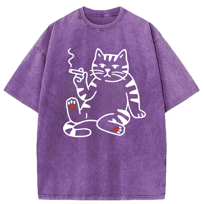Modecanvas Funny Smoking Cat Meme DTG Printing Washed T-Shirt