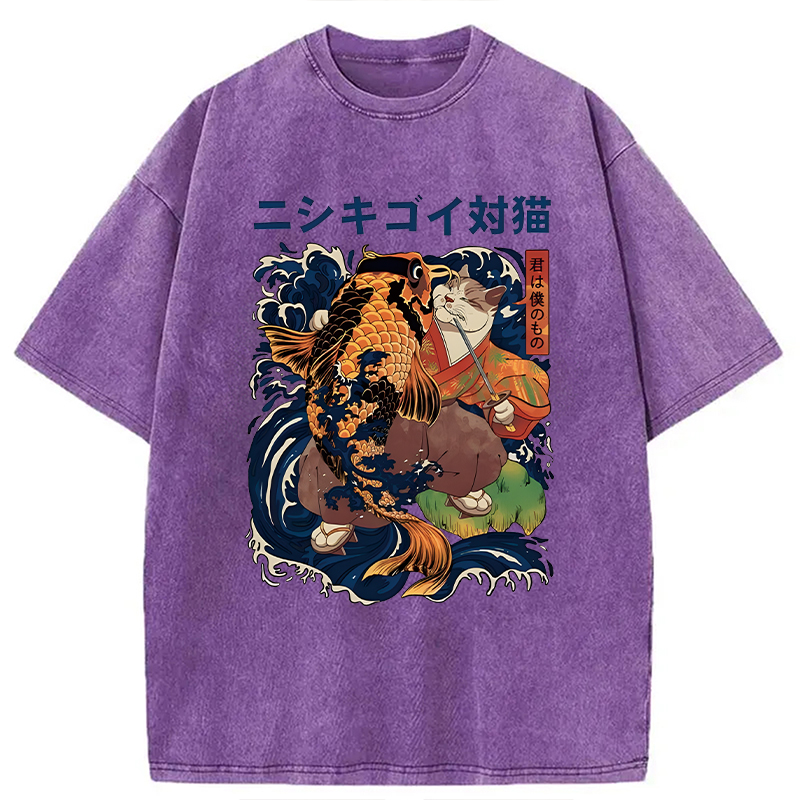 Modecanvas Harajuku Samurai Cat Koi Fish DTG Printing Washed T-Shirt