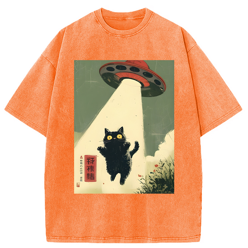 Modecanvas Vintage Japanese Alien Cat DTG Printing Washed T-Shirt