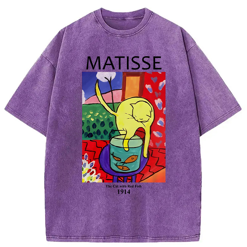 Modecanvas The Cat with Red Fish DTG Printing Washed T-Shirt