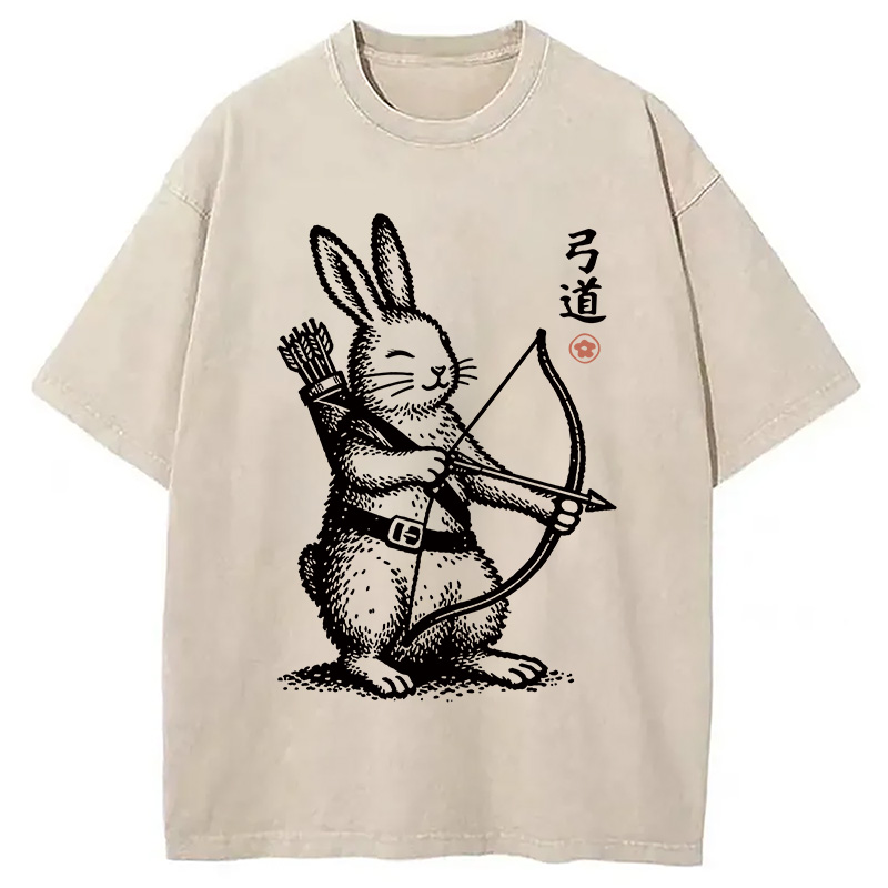 Modecanvas Rabbit Shooting Arrows DTG Printing Washed T-Shirt