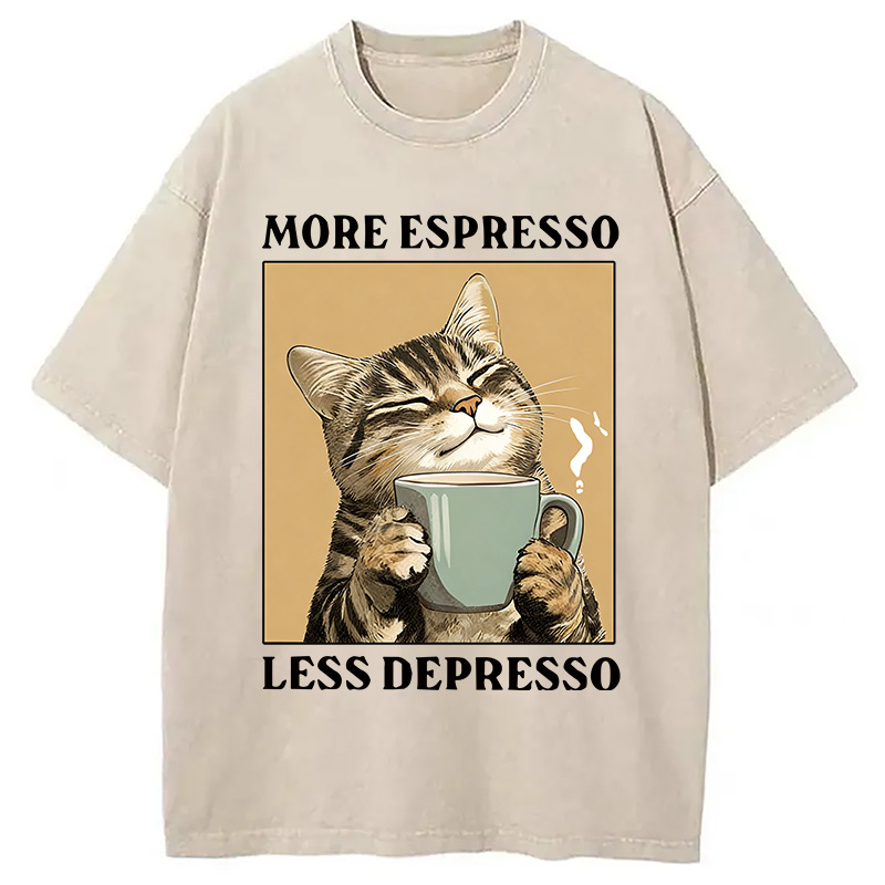 Modecanvas Cute Cat Drinking Coffee DTG Printing Washed T-Shirt