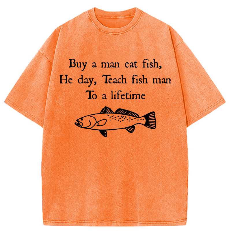 Modecanvas Man Eat Fish Meme DTG Printing Washed T-Shirt