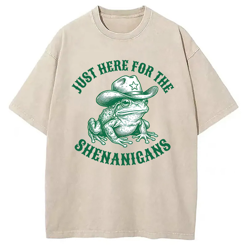 Modecanvas Just Here for the Shenanigans Frog DTG Printing Washed T-Shirt