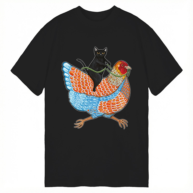 Modecanvas Black Cat On a Wyandotte Chicken DTG Printing Classic T-Shirt-modecanvas