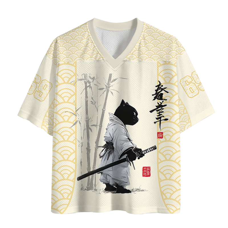 Modecanvas Samurai Cat Japanese Kanji Mesh Jersey-modecanvas
