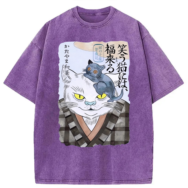 Modecanvas Japanese Vintage Cat DTG Printing Washed T-Shirt