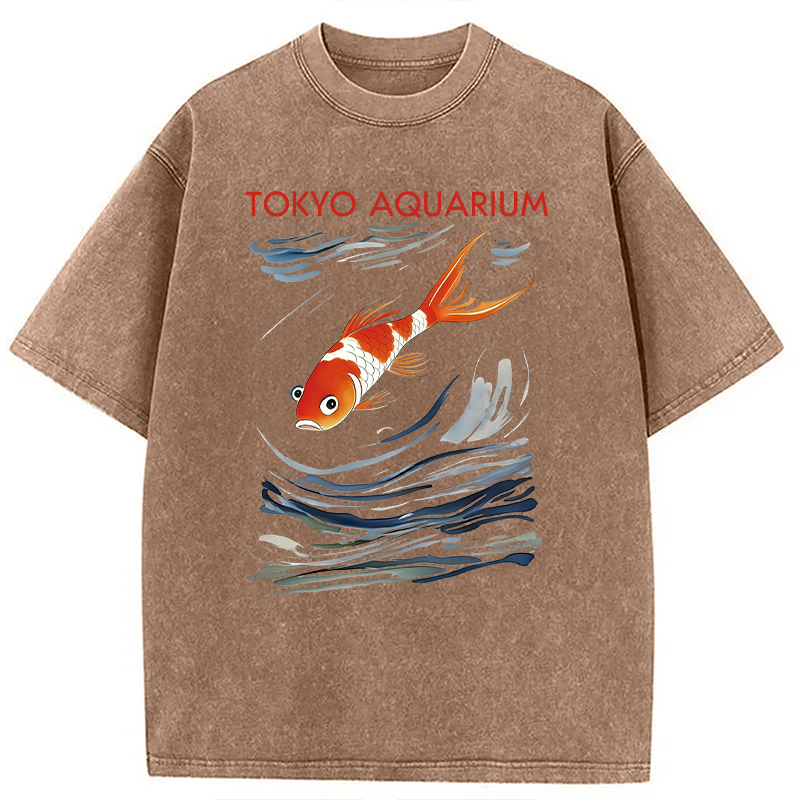 Modecanvas Tokyo Aquarium Koi Fish DTG Printing Washed T-Shirt