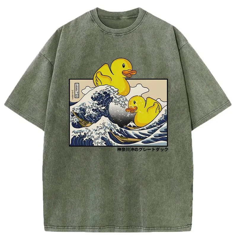 Modecanvas Ukiyoe Waves And Cute Yellow Duck Washed T-Shirt-modecanvas
