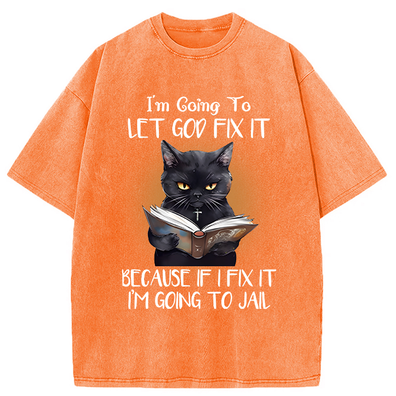 Modecanvas Funny Sarcastic Black Cat DTG Printing Washed T-Shirt