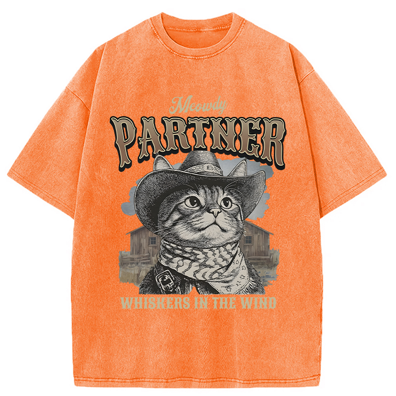 Modecanvas Meowdy Partner Cowboy Cat DTG Printing Washed T-Shirt