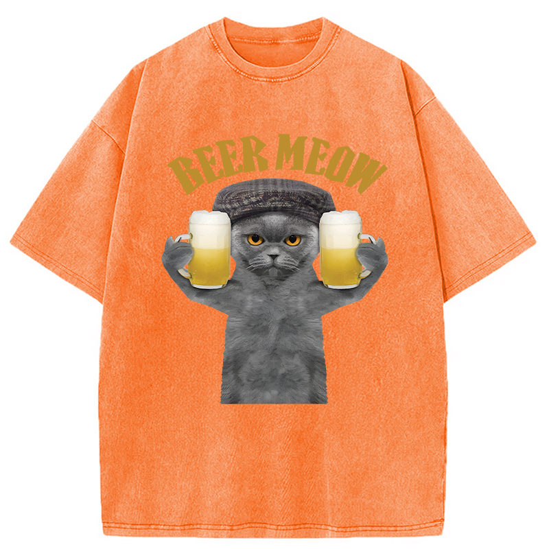 Modecanvas Funny Cat Drinking Or Serving Beer DTG Printing Washed T-Shirt