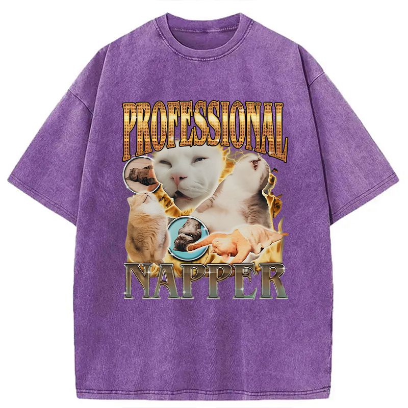 Modecanvas Professional Napper Funny Cat DTG Printing Washed T-Shirt