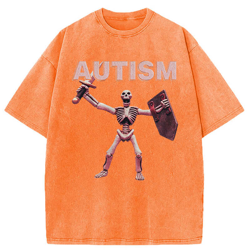 Modecanvas Funny Autism Skeleton Offensive Meme DTG Printing Washed T-Shirt
