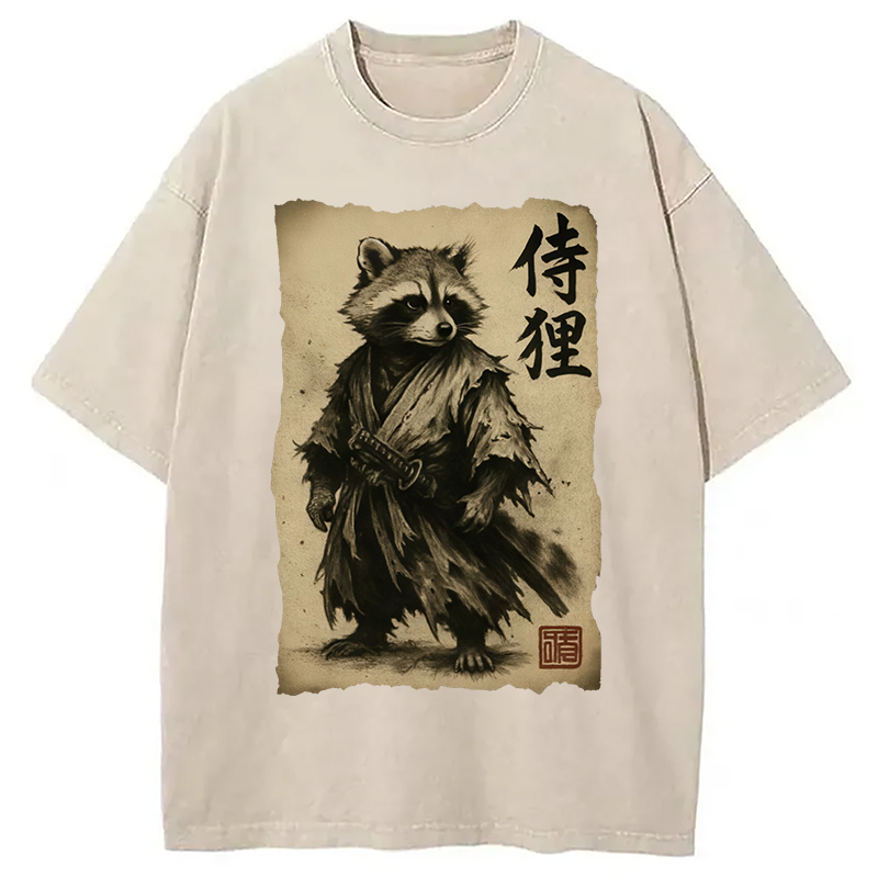 Modecanvas Samurai Raccoon Washed T-Shirt-modecanvas