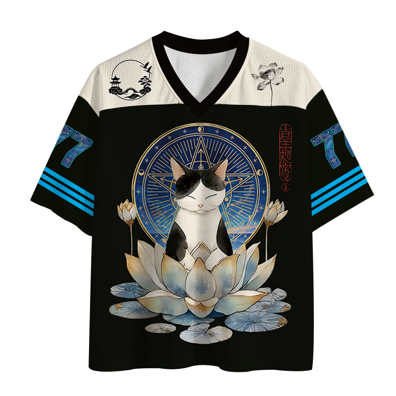 Modecanvas Funny Cat Lotus Zen Auspiciousness Mesh Jersey-modecanvas