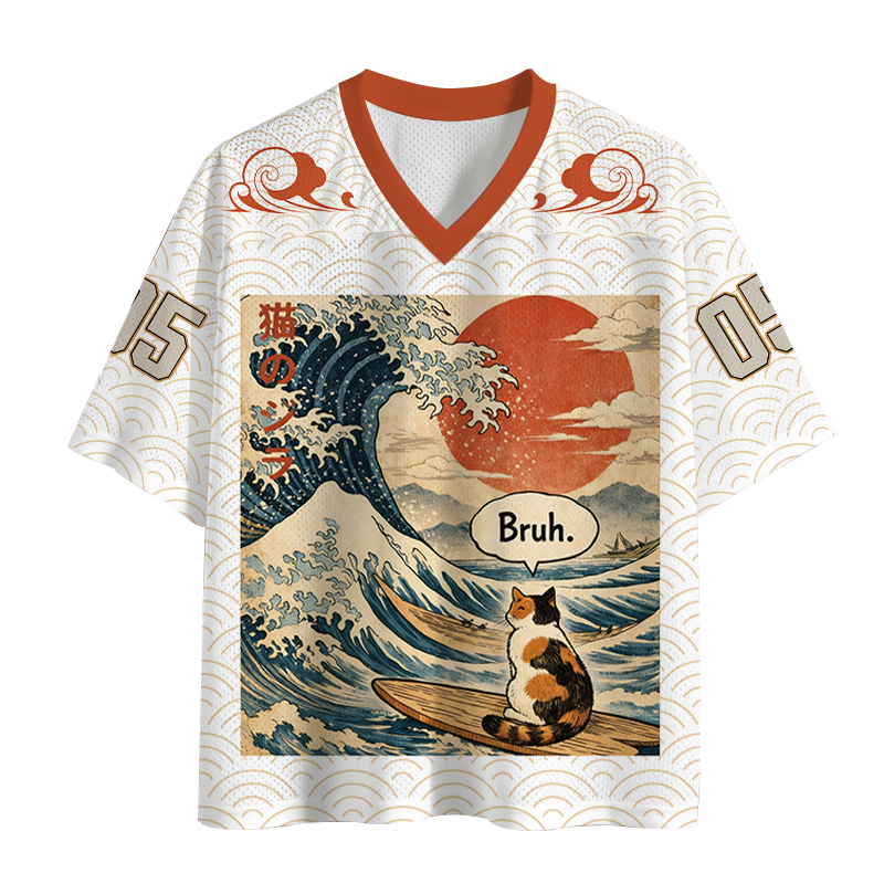 Modecanvas Bruh. The Great Wave Japanese Surfing Cat Mesh Jersey-modecanvas