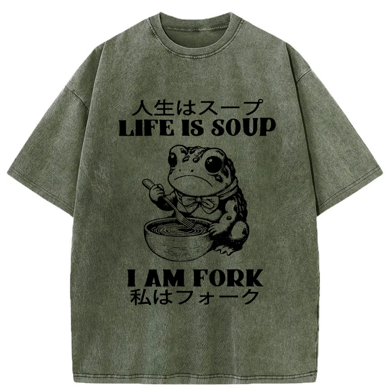 Modecanvas Life Is Soup I Am Fork Washed T-Shirt-modecanvas