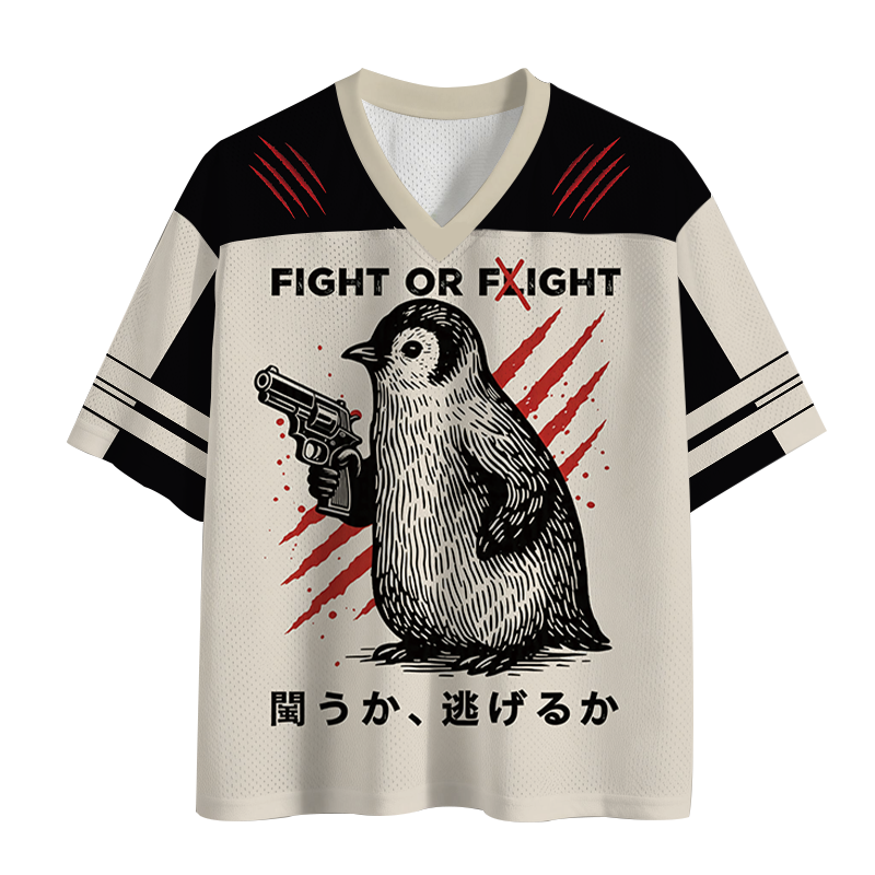 Modecanvas Woodblock Penguin:Fight Or Flight Mesh Jersey-modecanvas