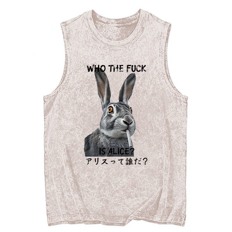 Modecanvas Who The Fvck Is Alice Funny Rabbit Smoking DTG Printing Washed Tank-modecanvas