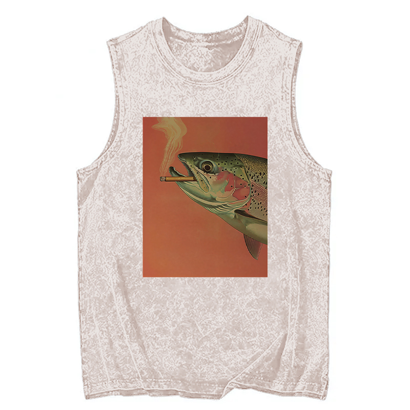 Modecanvas Trout Smoking A Cigarette DTG Printing Washed Tank-modecanvas
