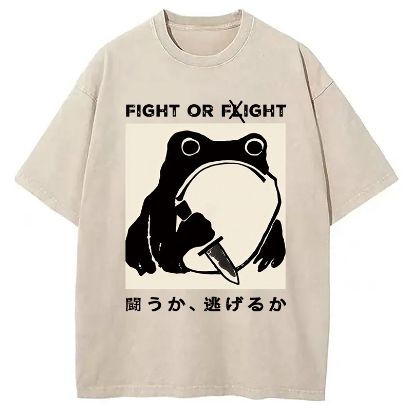 Modecanvas Fight Or Flight Funny Frog Japanese Washed T-Shirt