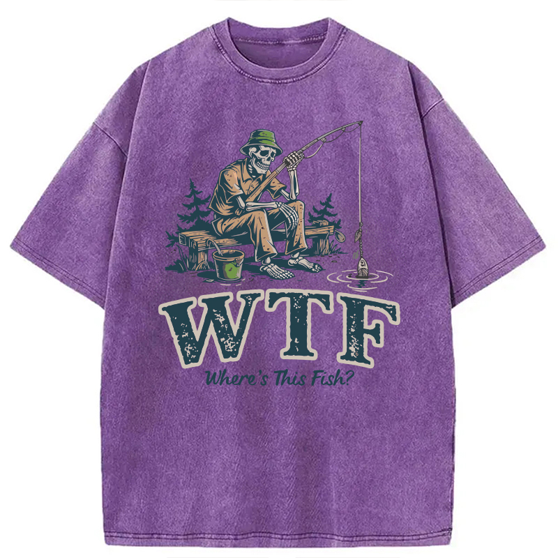 Modecanvas Funny WTF Where Is The Fish DTG Printing Washed T-Shirt