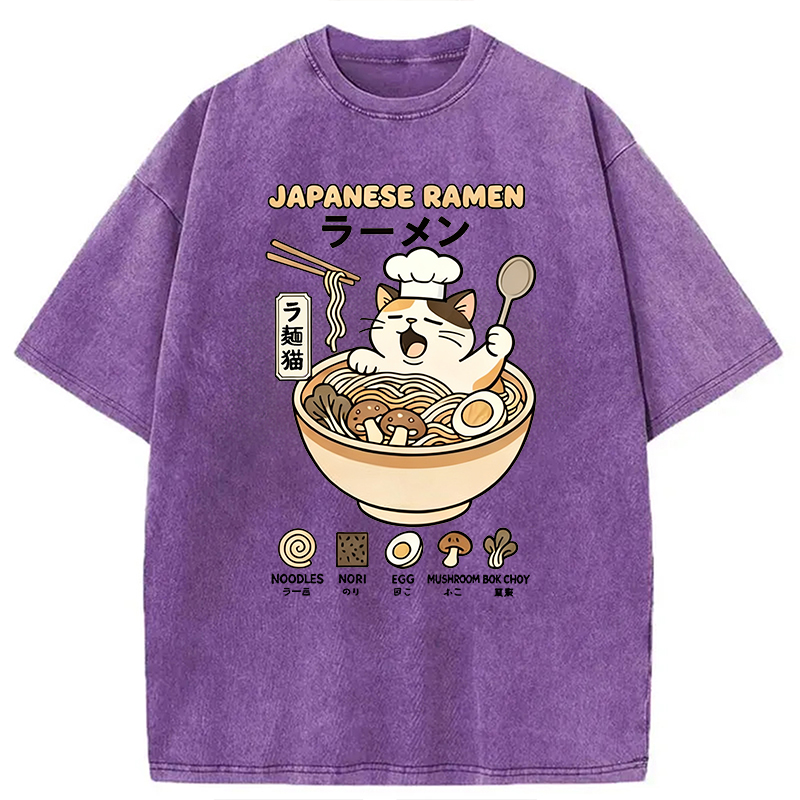 Modecanvas Ramen Cat DTG Printing Washed T-Shirt