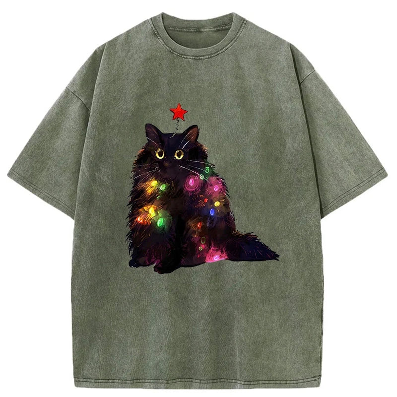 Modecanvas Christmas Lights Cat Washed T-Shirt