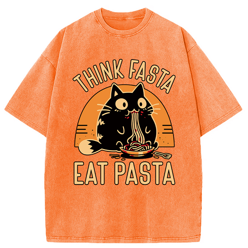 Modecanvas Think Fast Eat Pasta Funny Cat DTG Printing Washed T-Shirt