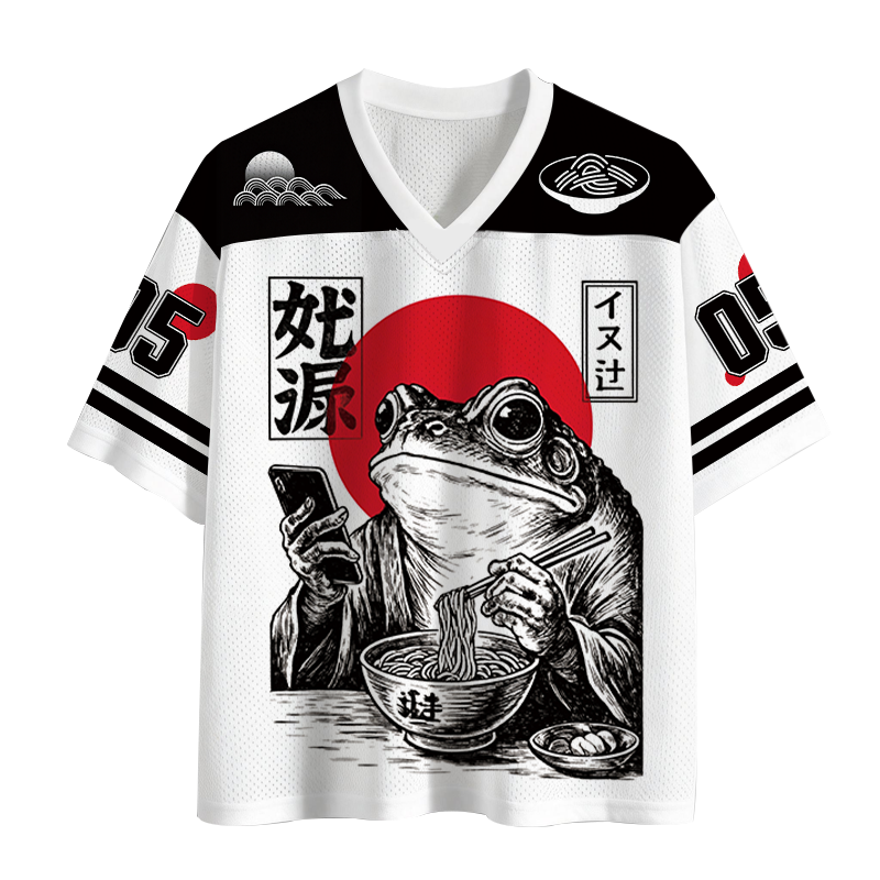 Modecanvas Funny Grumpy Frog Eat Ramen and Scroll Phone Mesh Jersey-modecanvas