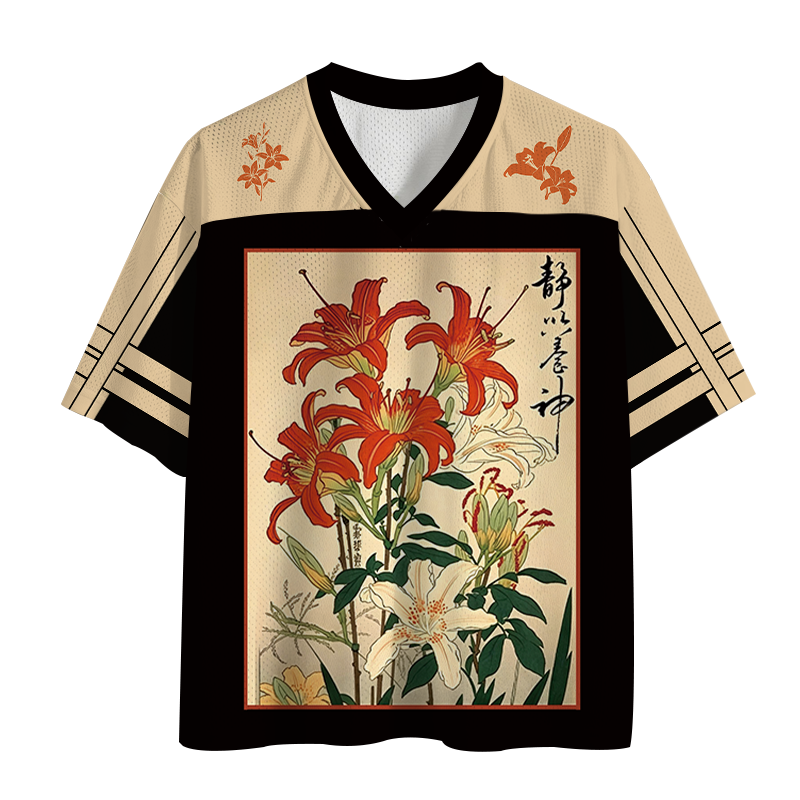 Modecanvas Red And White Lilies Mesh Jersey-modecanvas
