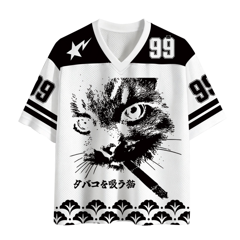 Modecanvas Retro Cat Smoking White Mesh Jersey-modecanvas