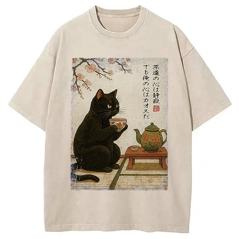 Modecanvas Tea Time With A Black Cat Washed T-Shirt-modecanvas