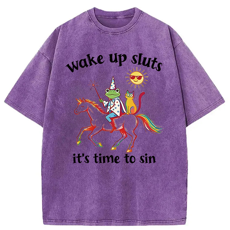 Modecanvas Wake Up Sluts Funny Frog DTG Printing Washed T-Shirt